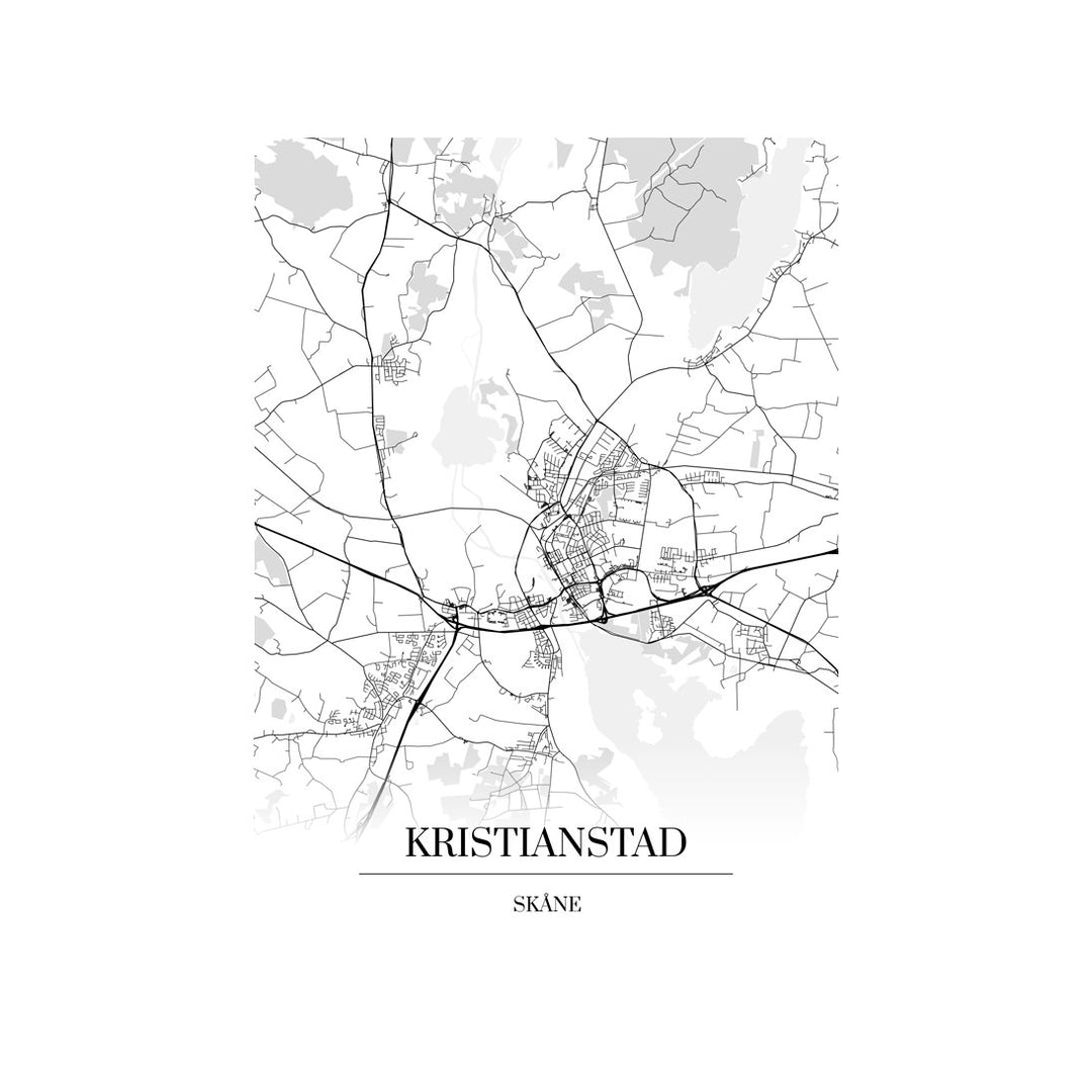 Kristianstad-karttataulu: mustavalkoinen katukartta kaupungin katuverkosta