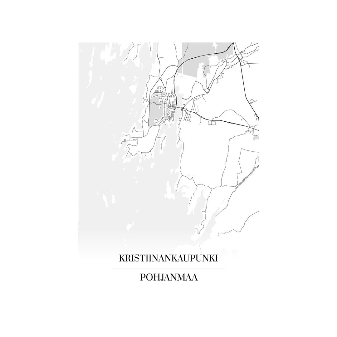 Kristiinankaupunki-karttataulu: mustavalkoinen katukartta kaupungin katuverkosta