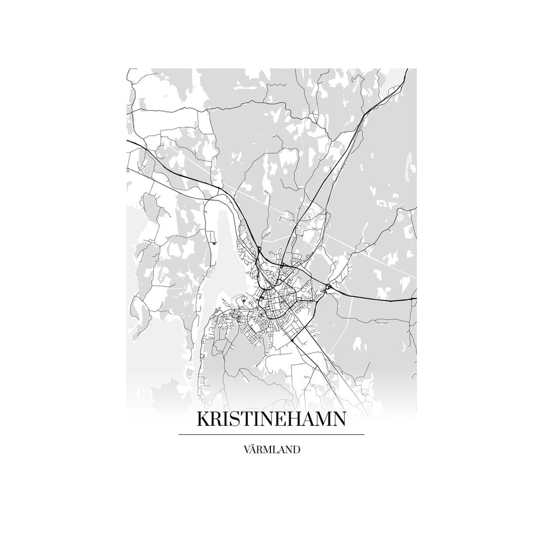 Kristinehamn-karttataulu: mustavalkoinen katukartta kaupungin katuverkosta
