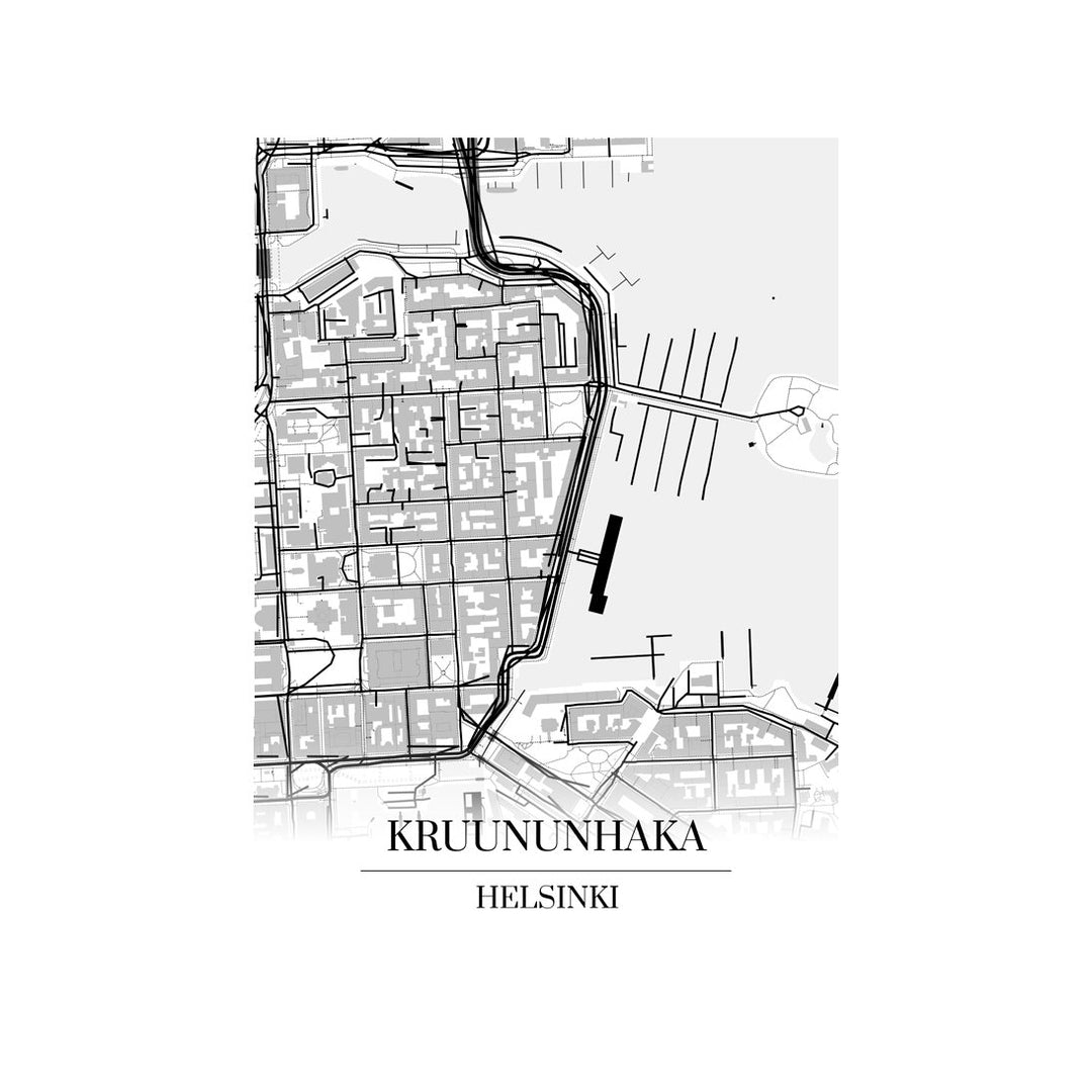 Kruununhaka-karttataulu: mustavalkoinen katukartta kaupungin katuverkosta