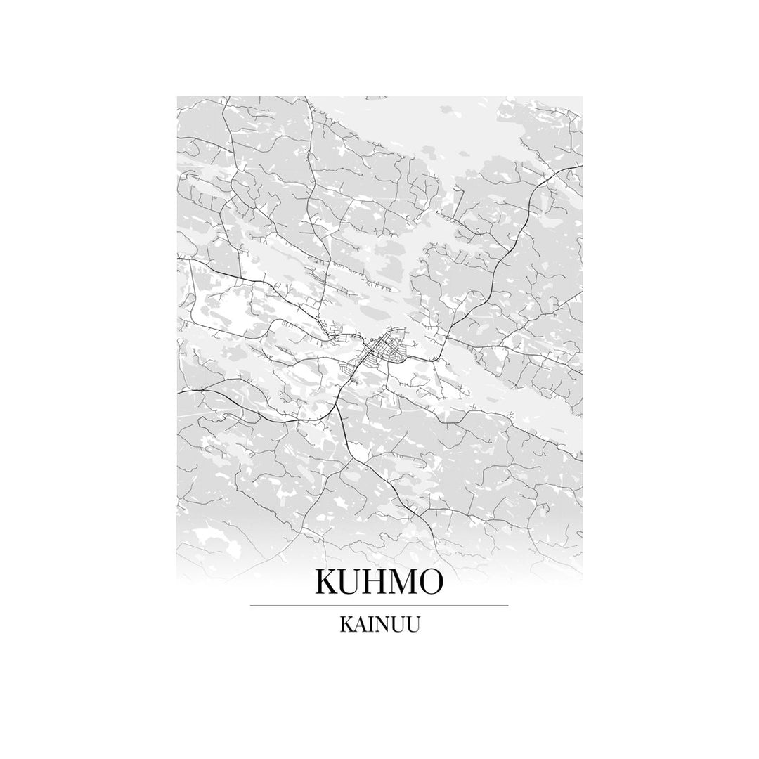 Kuhmo-karttataulu: mustavalkoinen katukartta kaupungin katuverkosta