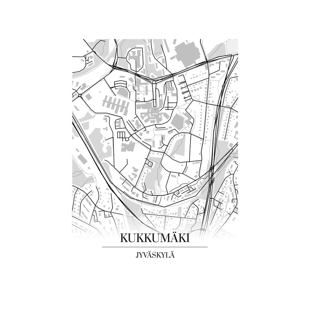 Kukkumäki-karttataulu: mustavalkoinen katukartta kaupungin katuverkosta