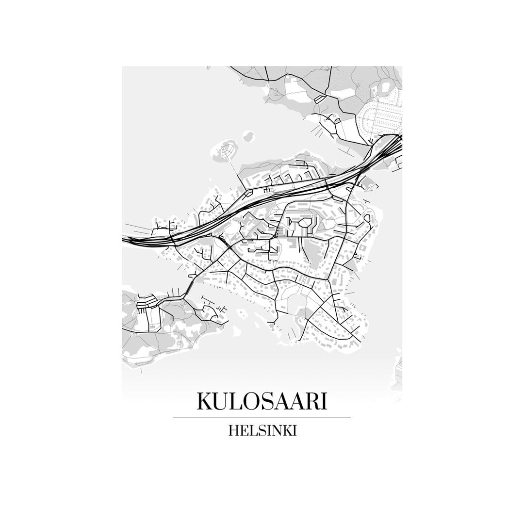 Kulosaari-karttataulu: mustavalkoinen katukartta kaupungin katuverkosta