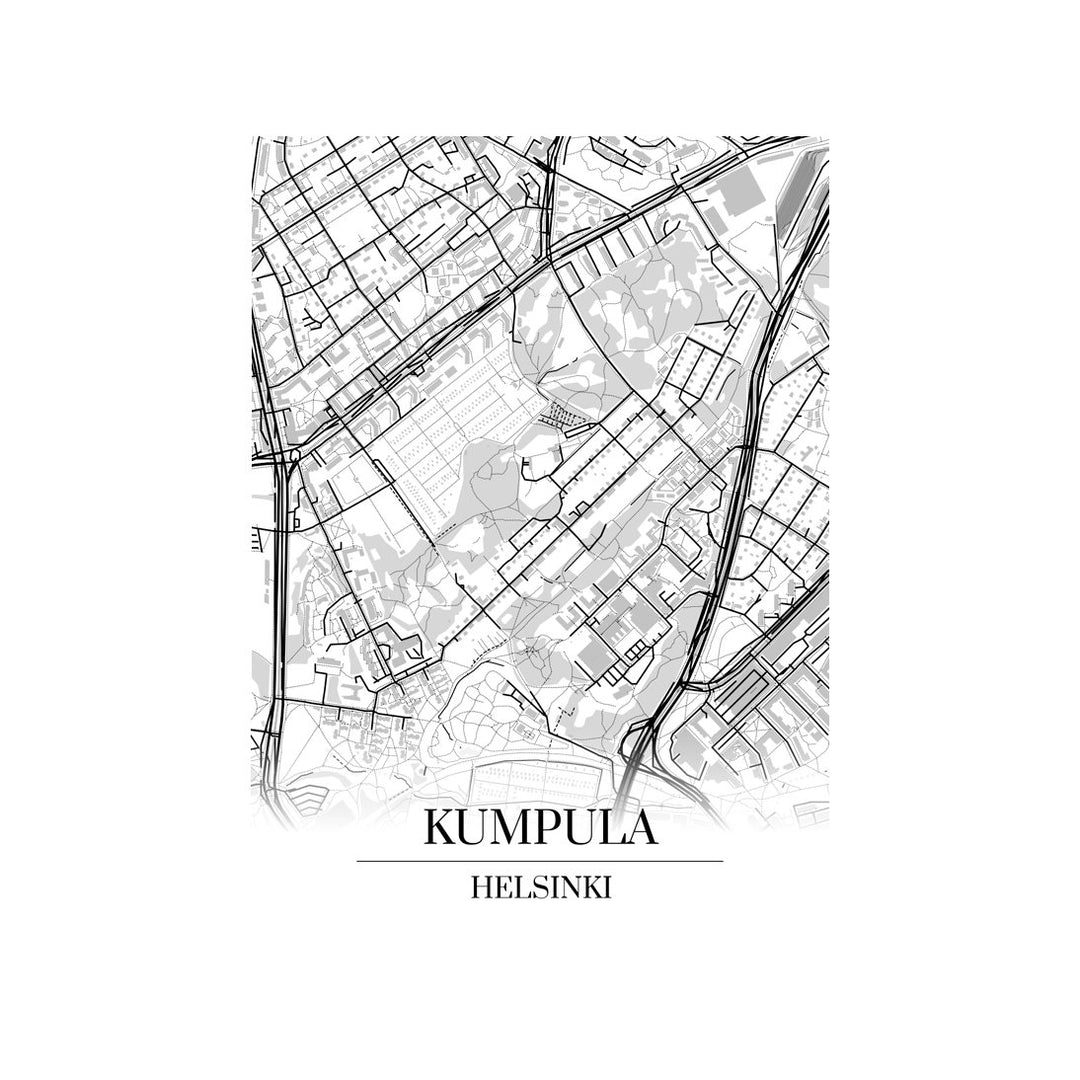 Kumpula-karttataulu: mustavalkoinen katukartta kaupungin katuverkosta