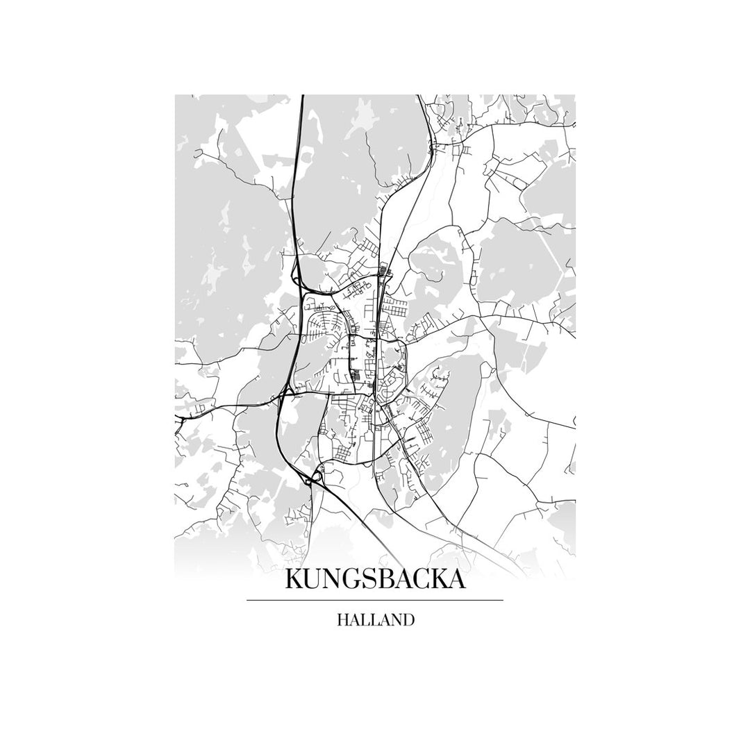 Kungsbacka-karttataulu: mustavalkoinen katukartta kaupungin katuverkosta