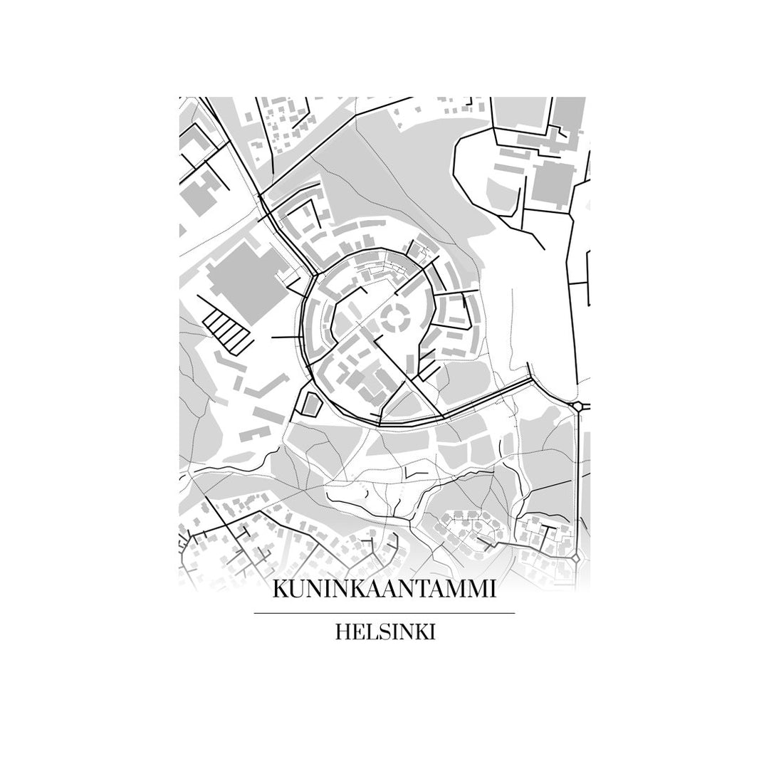 Kuninkaantammi-karttataulu: mustavalkoinen katukartta kaupungin katuverkosta