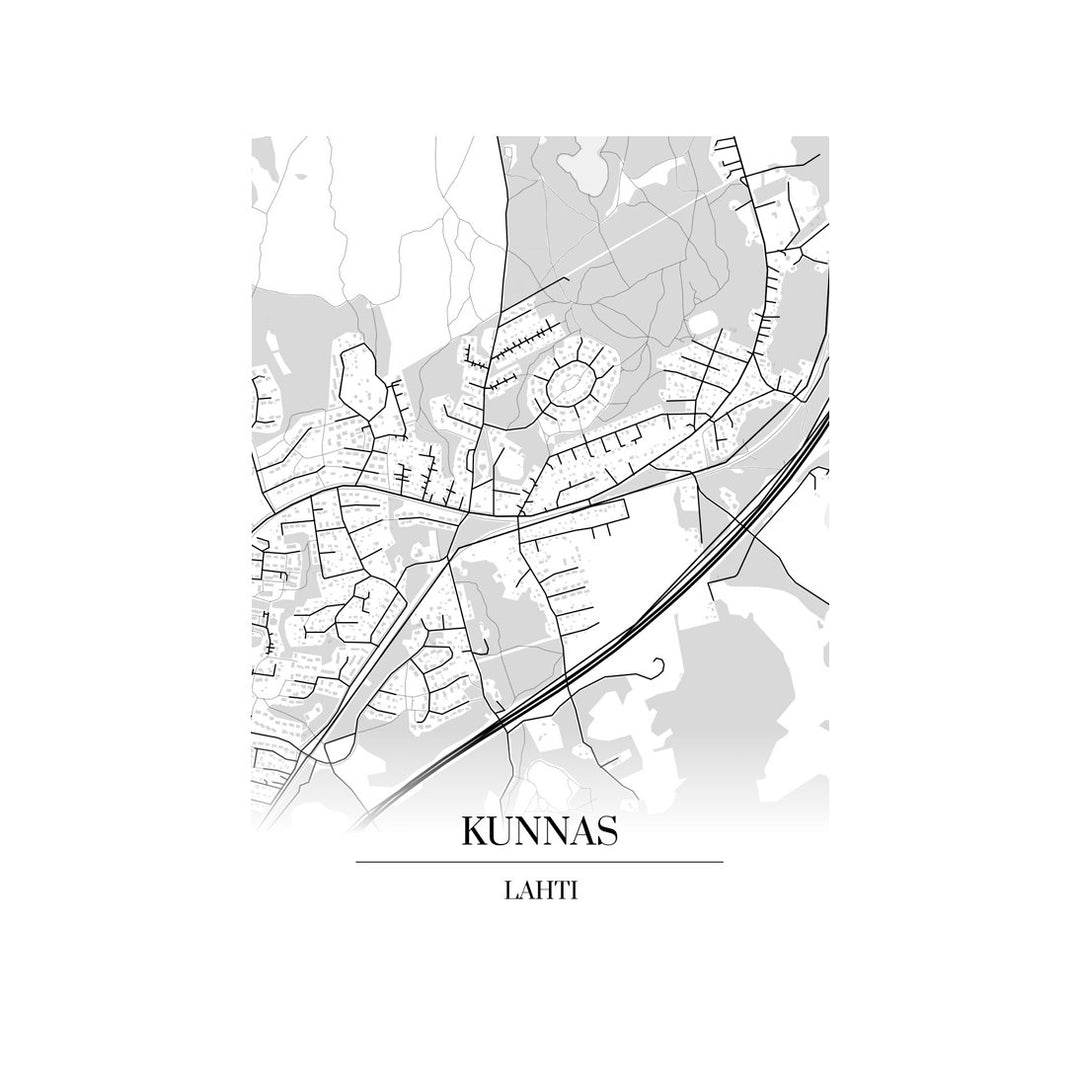 Kunnas-karttataulu: mustavalkoinen katukartta kaupungin katuverkosta