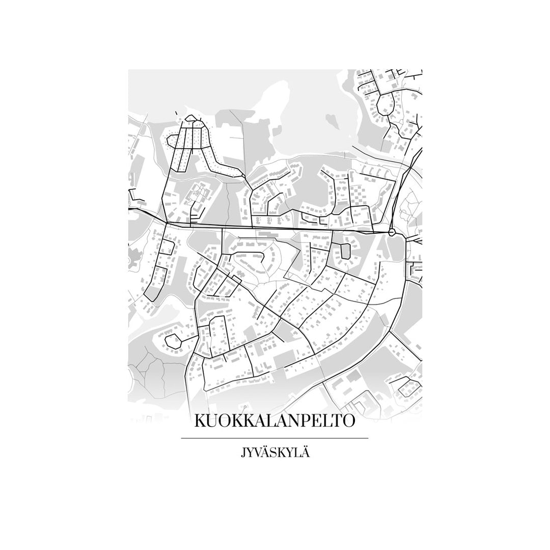 Kuokkalanpelto-karttataulu: mustavalkoinen katukartta kaupungin katuverkosta