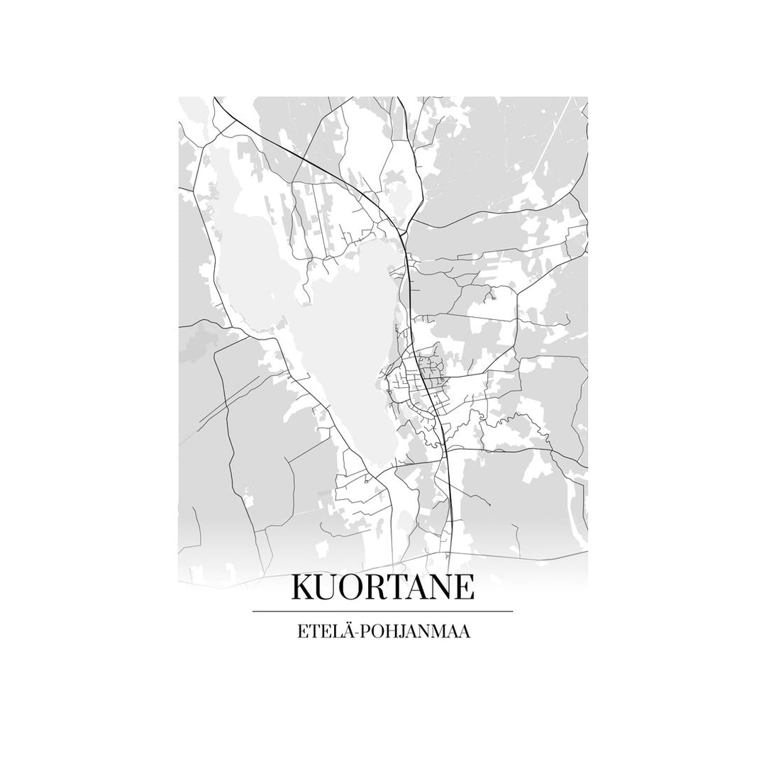 Kuortane-karttataulu: mustavalkoinen katukartta kaupungin katuverkosta