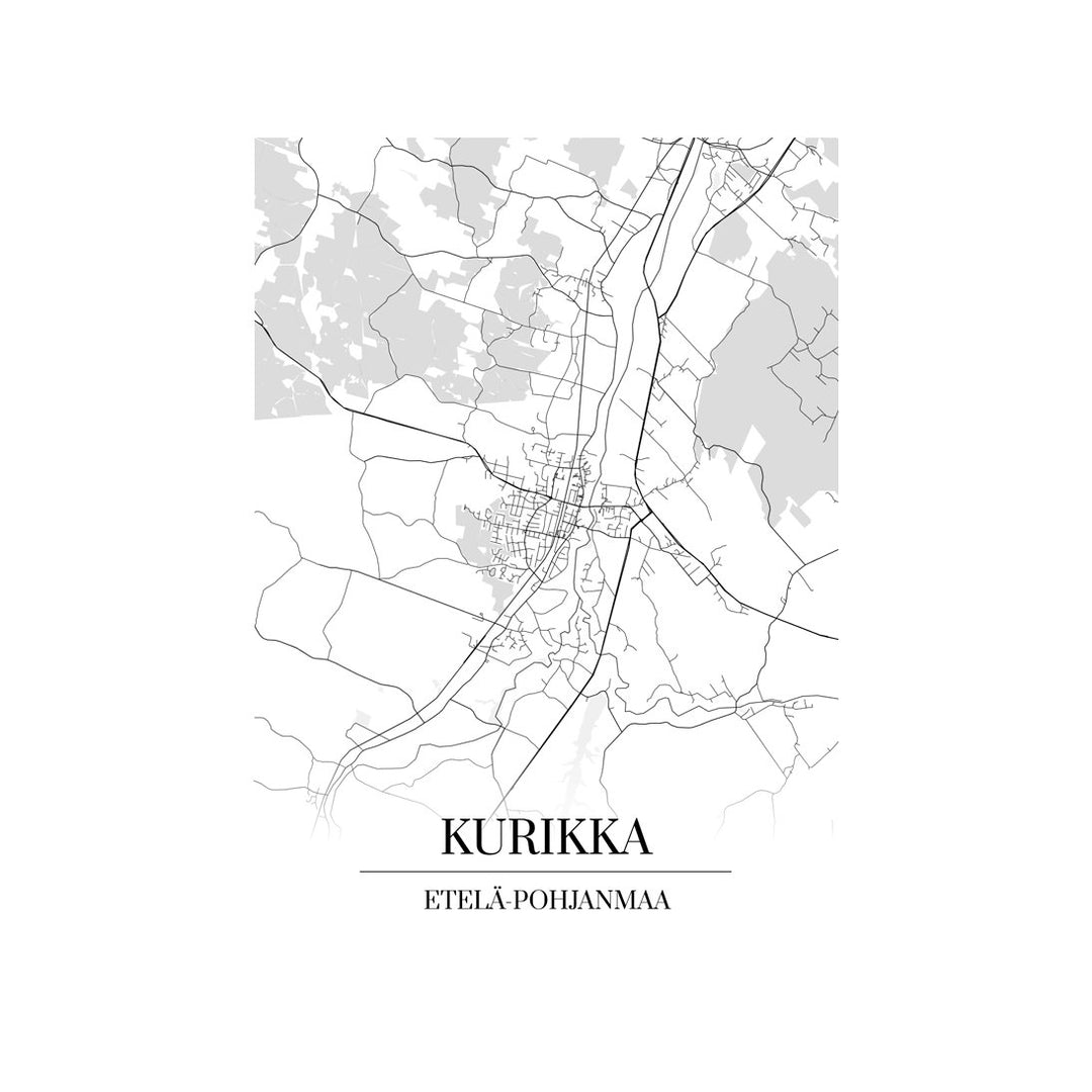 Kurikka-karttataulu: mustavalkoinen katukartta kaupungin katuverkosta