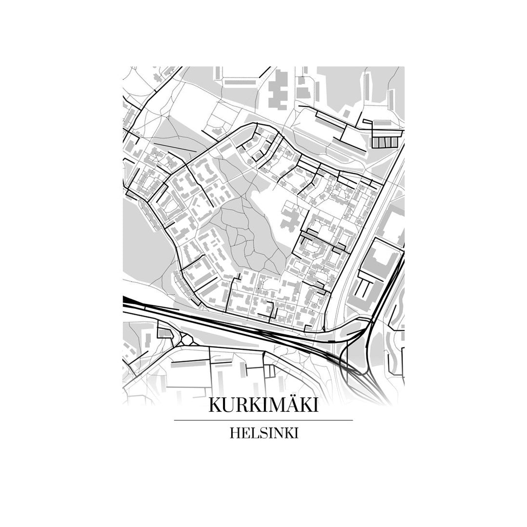 Kurkimäki-karttataulu: mustavalkoinen katukartta kaupungin katuverkosta