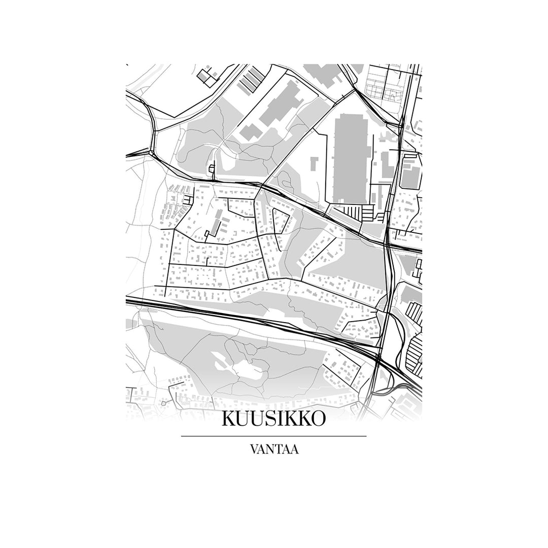 Kuusikko-karttataulu: mustavalkoinen katukartta kaupungin katuverkosta