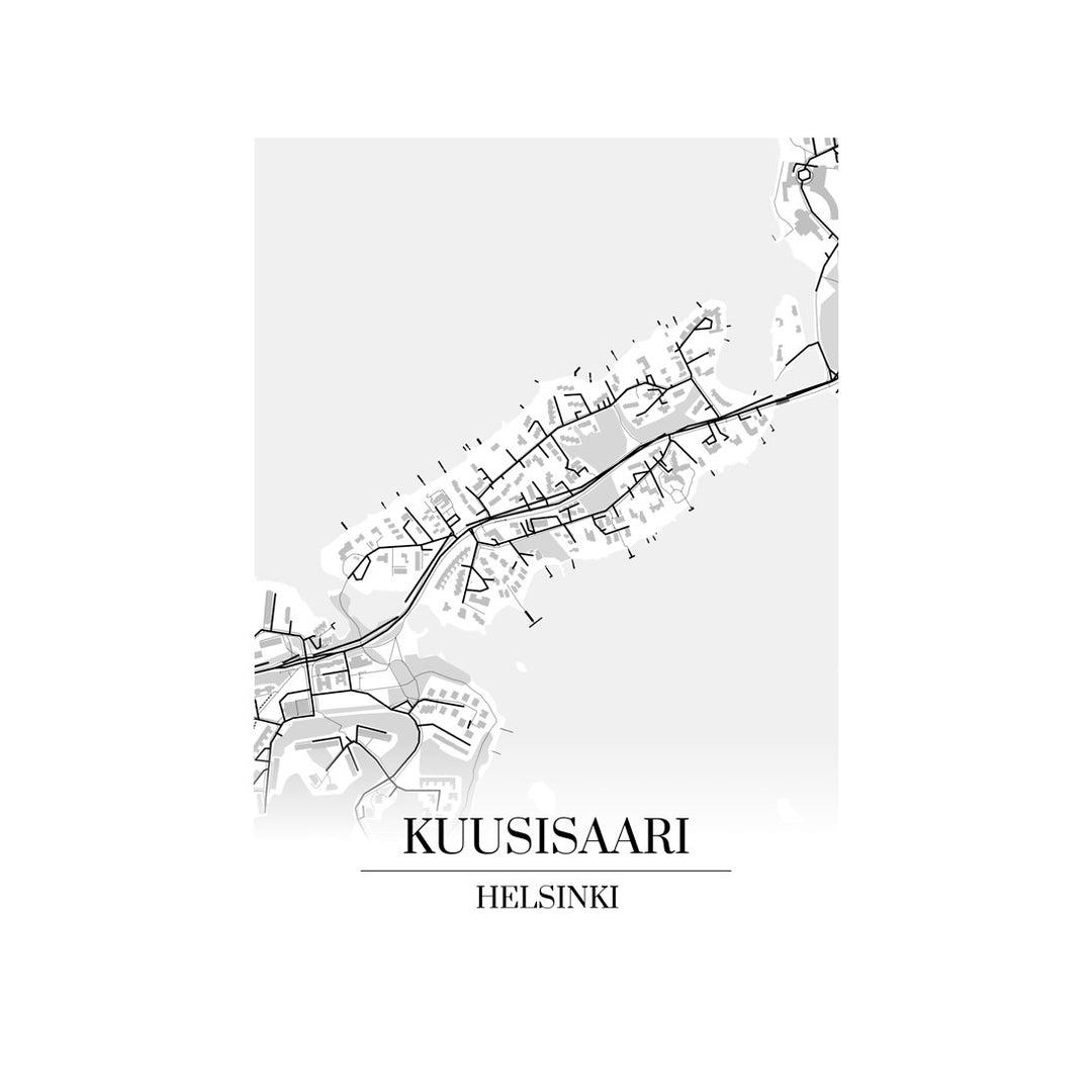 Kuusisaari-karttataulu: mustavalkoinen katukartta kaupungin katuverkosta