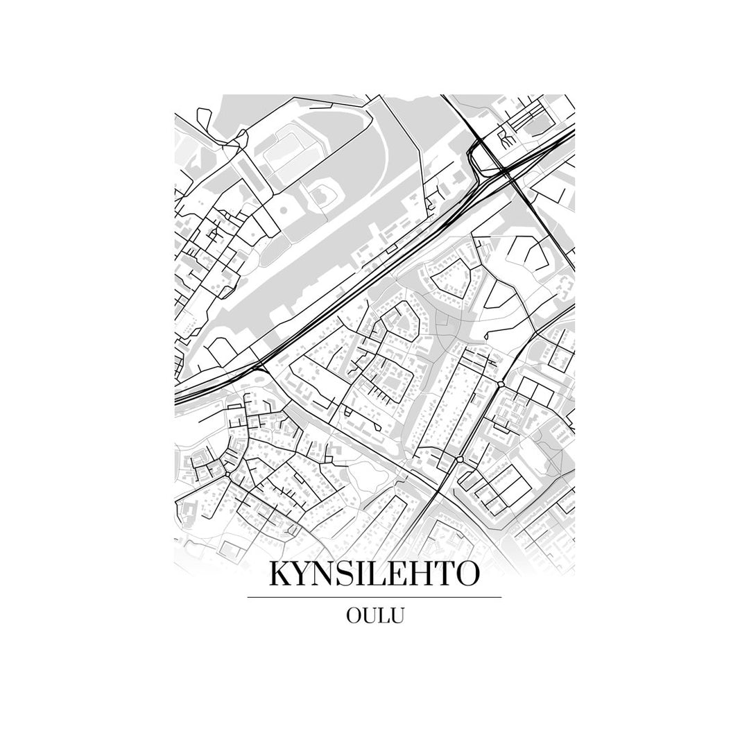 Kynsilehto-karttataulu: mustavalkoinen katukartta kaupungin katuverkosta