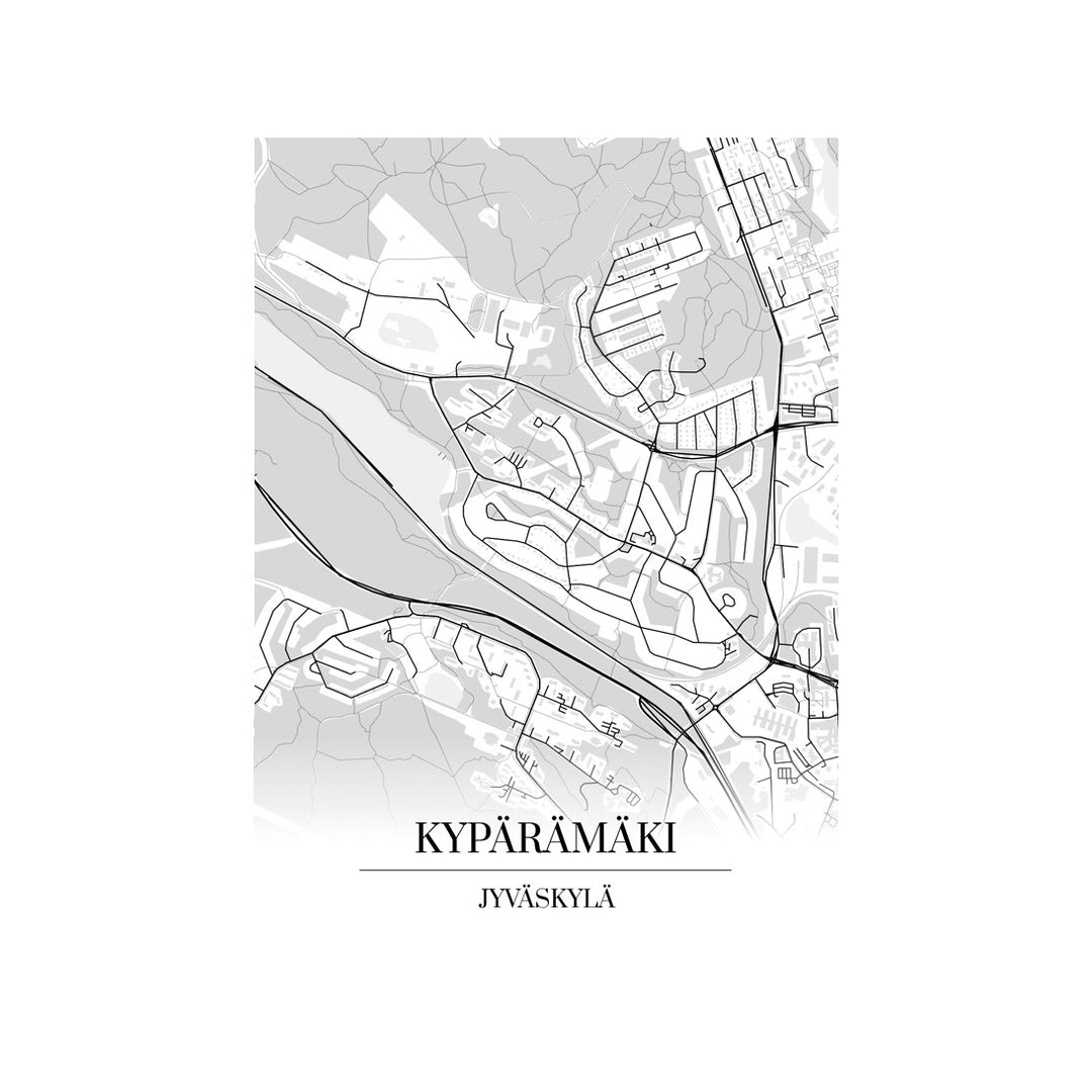 Kypärämäki-karttataulu: mustavalkoinen katukartta kaupungin katuverkosta
