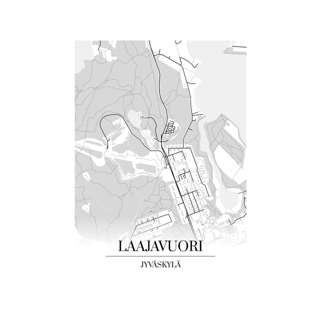 Laajavuori-karttataulu: mustavalkoinen katukartta kaupungin katuverkosta