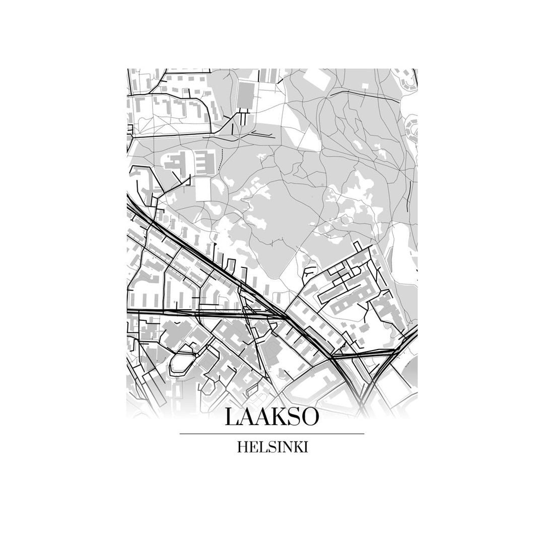 Laakso-karttataulu: mustavalkoinen katukartta kaupungin katuverkosta