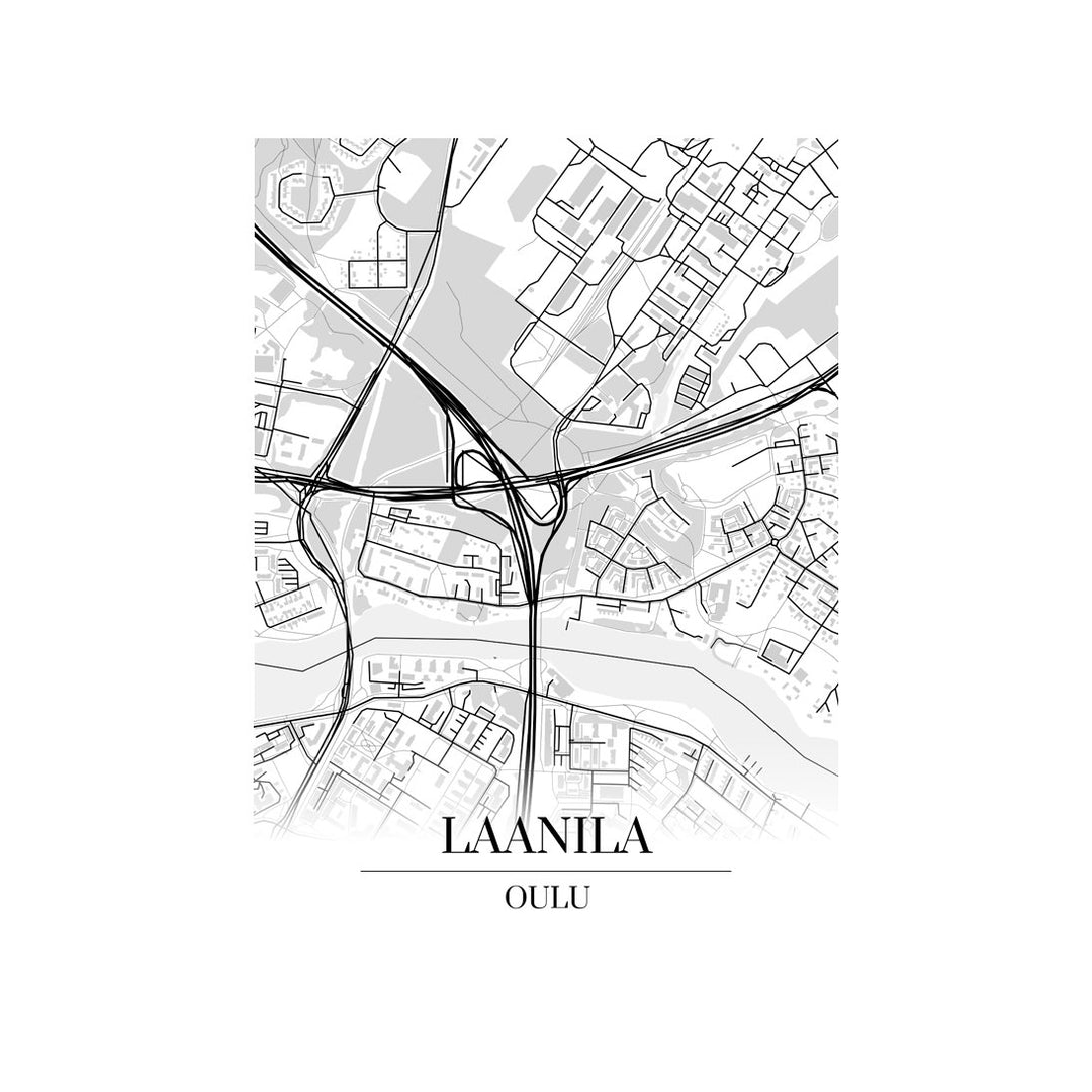 Laanila-karttataulu: mustavalkoinen katukartta kaupungin katuverkosta