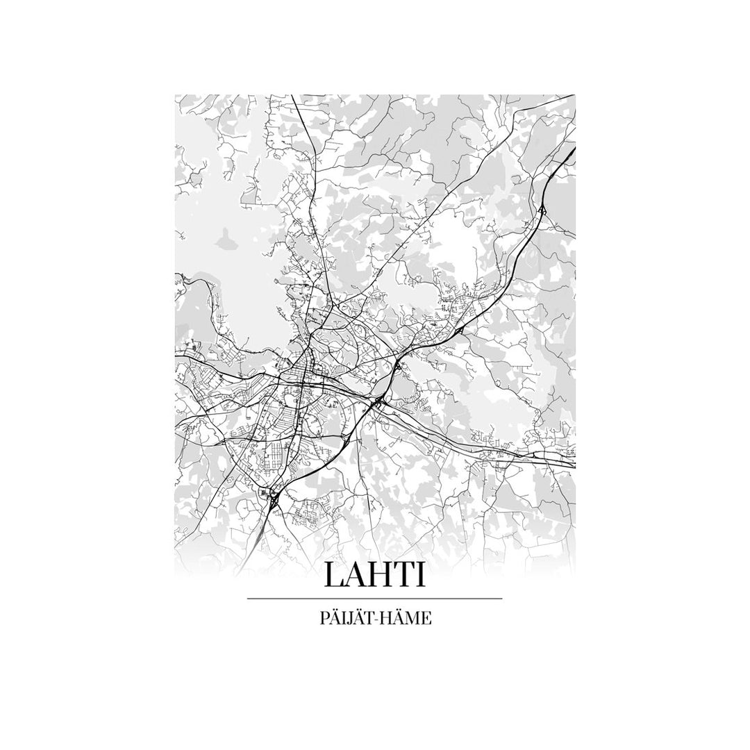 Lahti-karttataulu: mustavalkoinen katukartta kaupungin katuverkosta
