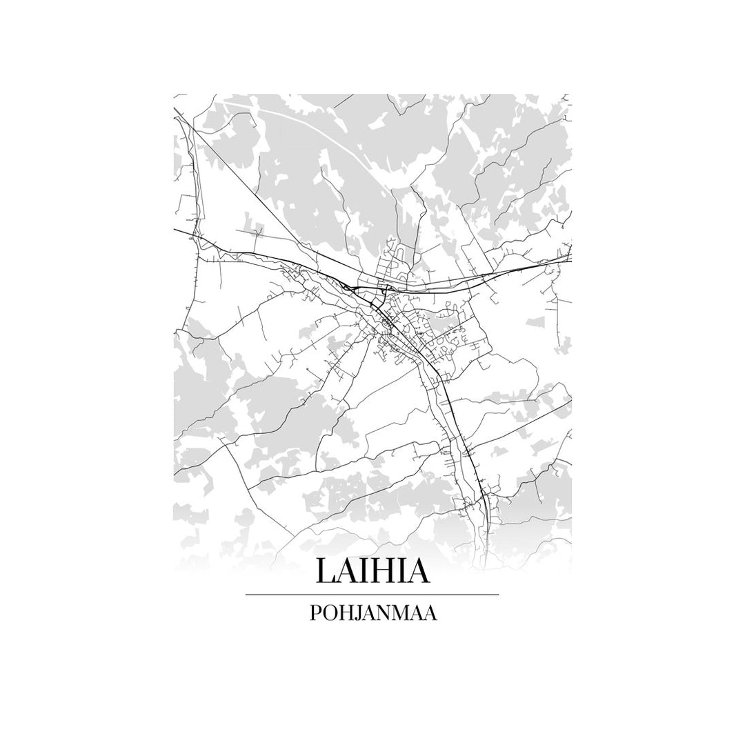 Laihia-karttataulu: mustavalkoinen katukartta kaupungin katuverkosta
