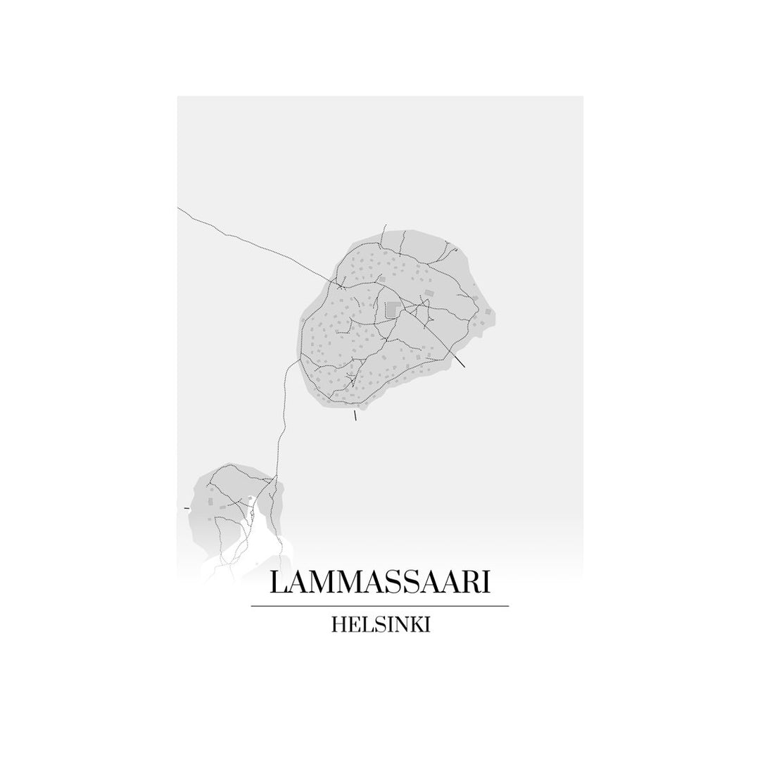 Lammassaari-karttataulu: mustavalkoinen katukartta kaupungin katuverkosta