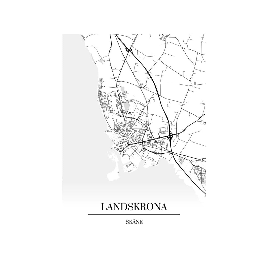 Landskrona-karttataulu: mustavalkoinen katukartta kaupungin katuverkosta