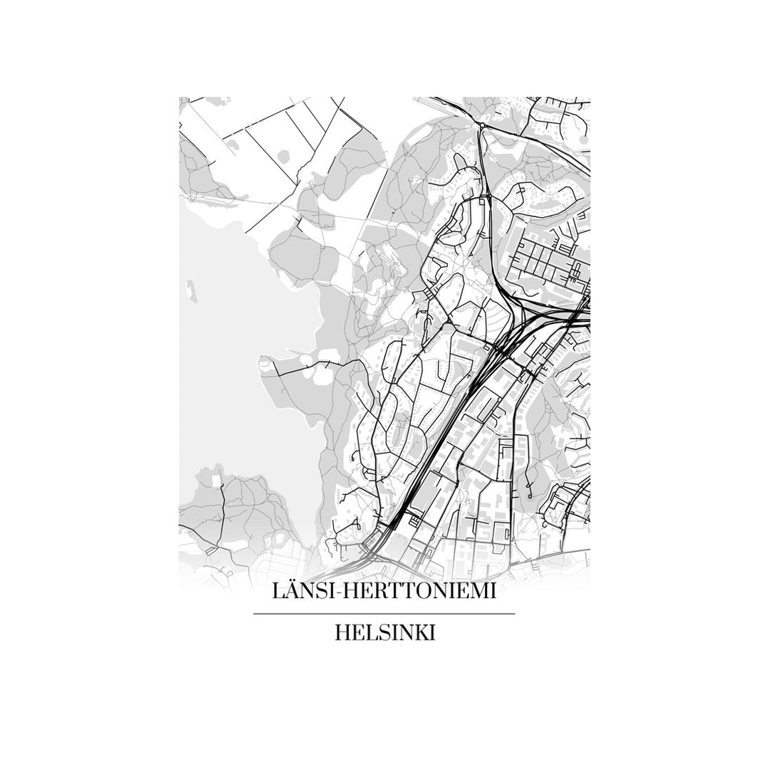Länsi-Herttoniemi-karttataulu: mustavalkoinen katukartta kaupungin katuverkosta