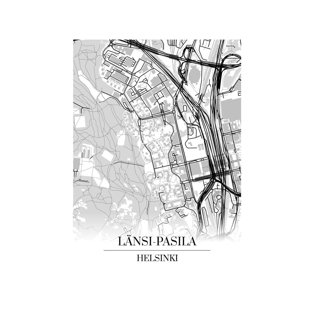 Länsi-Pasila-karttataulu: mustavalkoinen katukartta kaupungin katuverkosta