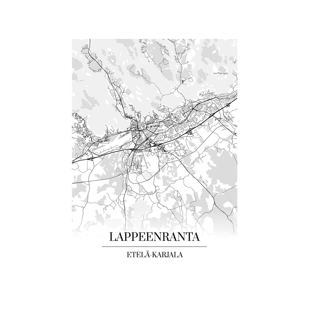 Lappeenranta-karttataulu: mustavalkoinen katukartta kaupungin katuverkosta
