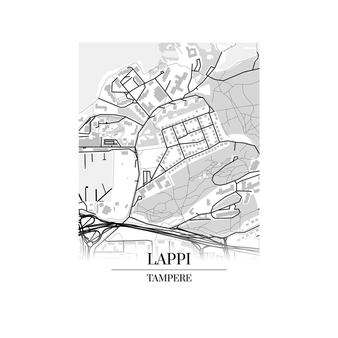 Lappi-karttataulu: mustavalkoinen katukartta kaupungin katuverkosta