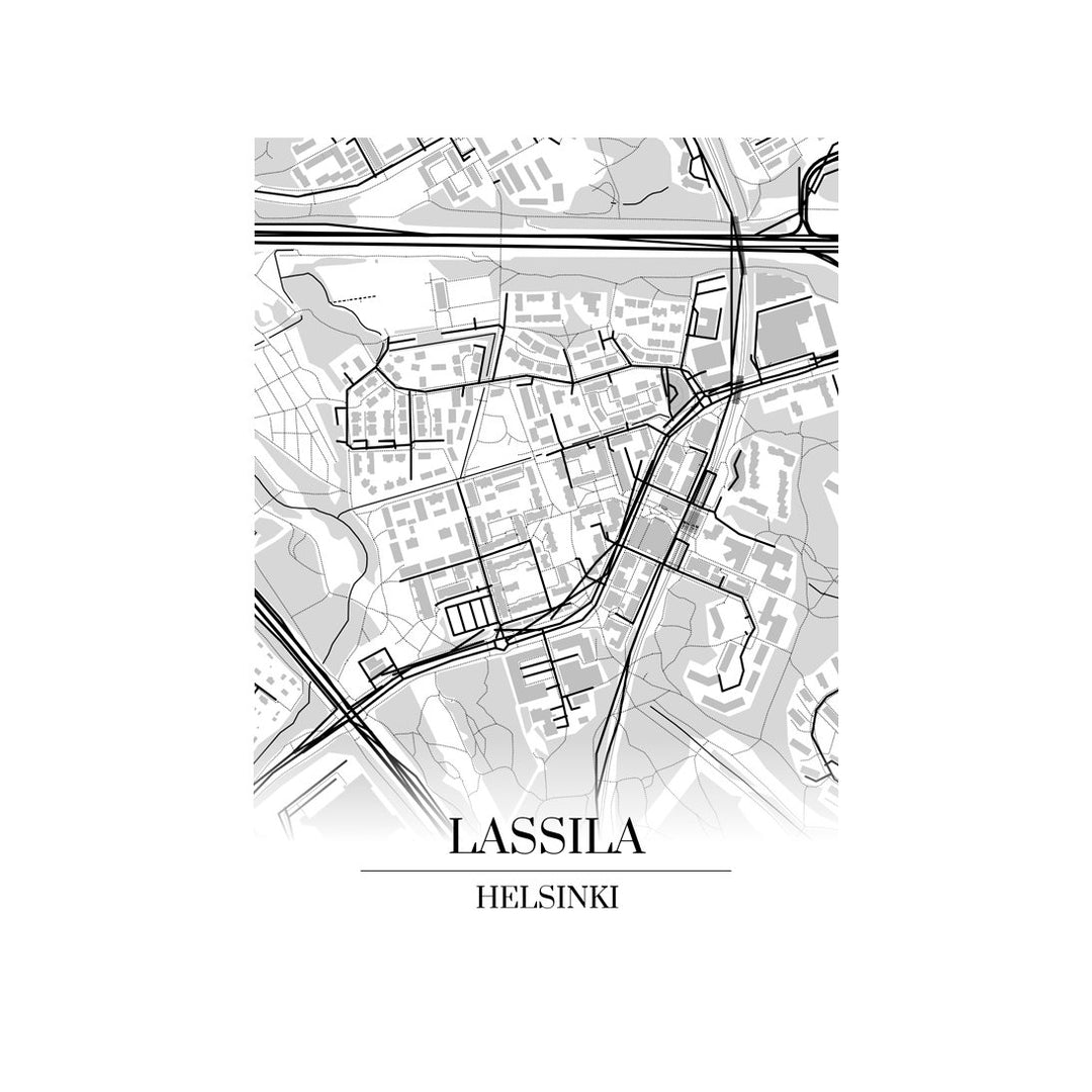 Lassila-karttataulu: mustavalkoinen katukartta kaupungin katuverkosta