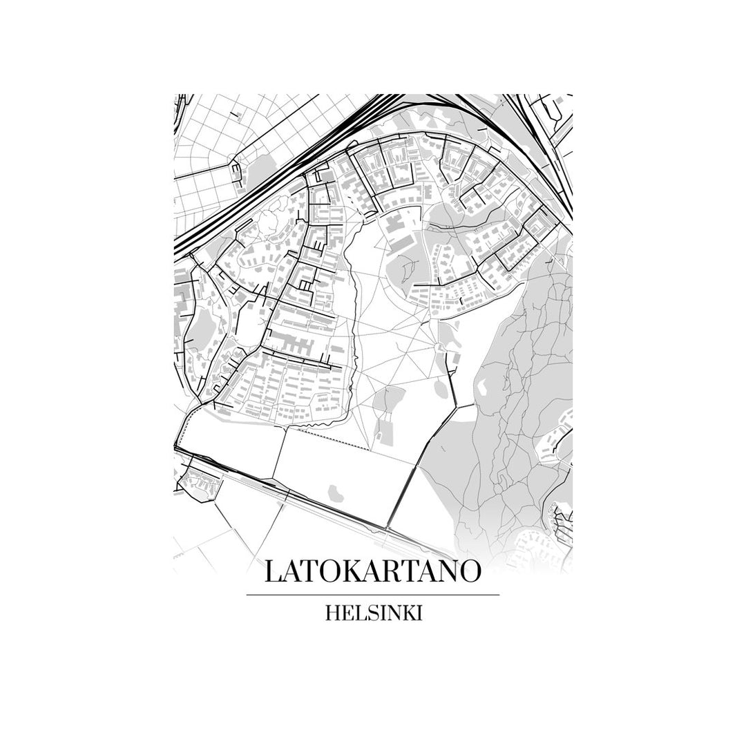 Latokartano-karttataulu: mustavalkoinen katukartta kaupungin katuverkosta