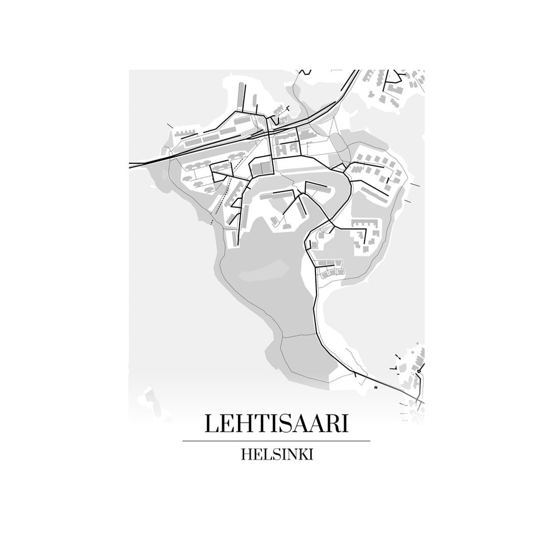 Lehtisaari-karttataulu: mustavalkoinen katukartta kaupungin katuverkosta