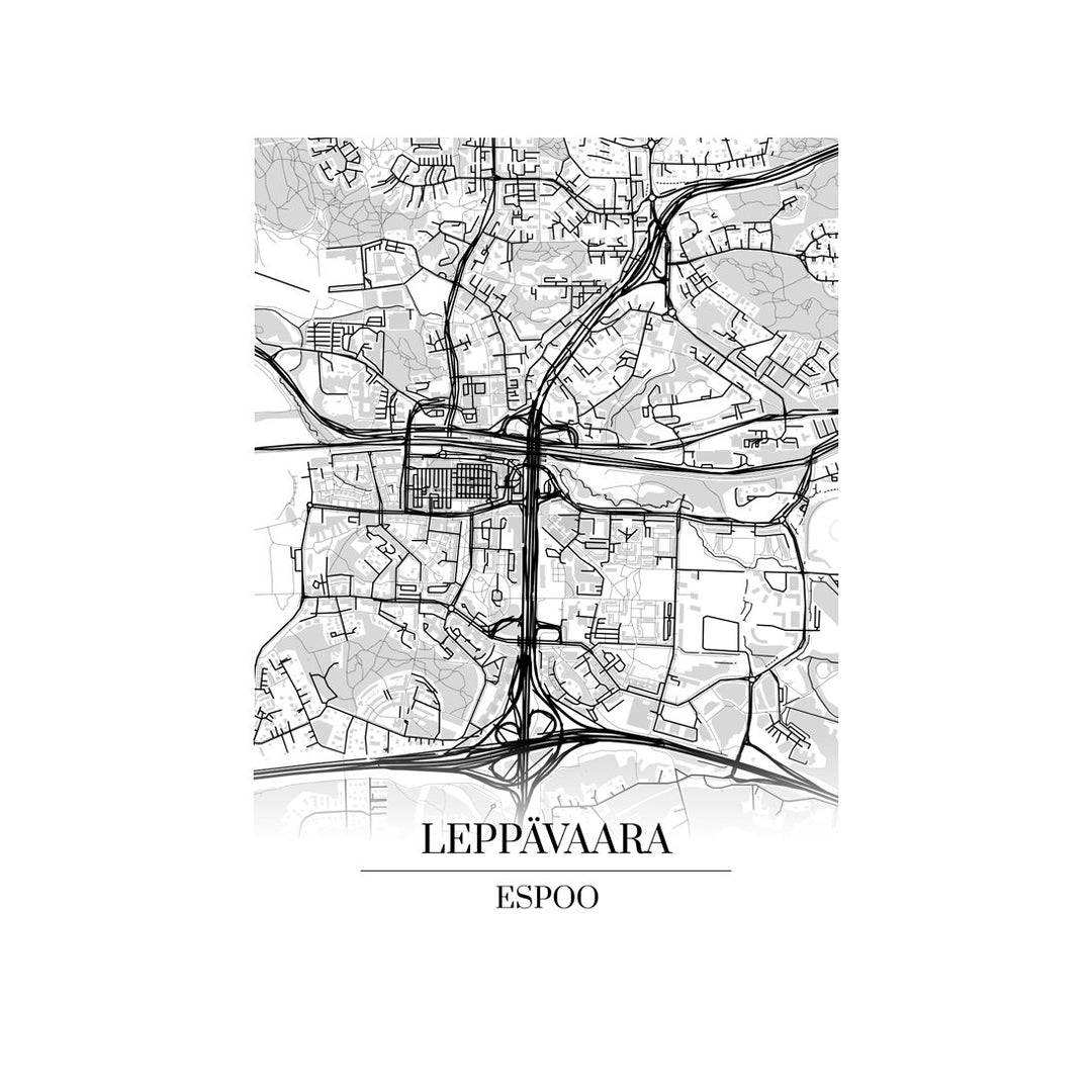 Leppävaara-karttataulu: mustavalkoinen katukartta kaupungin katuverkosta