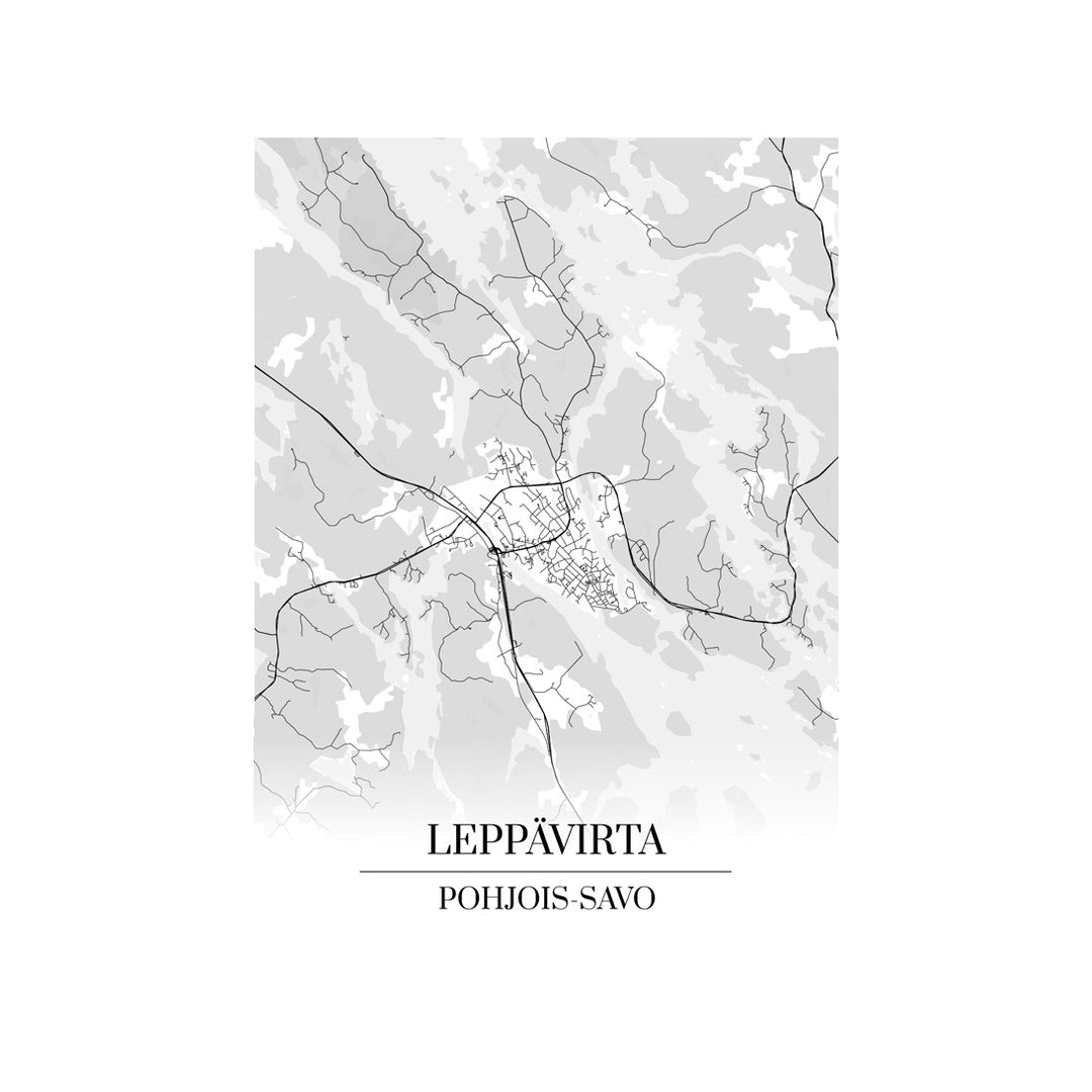 Leppävirta-karttataulu: mustavalkoinen katukartta kaupungin katuverkosta