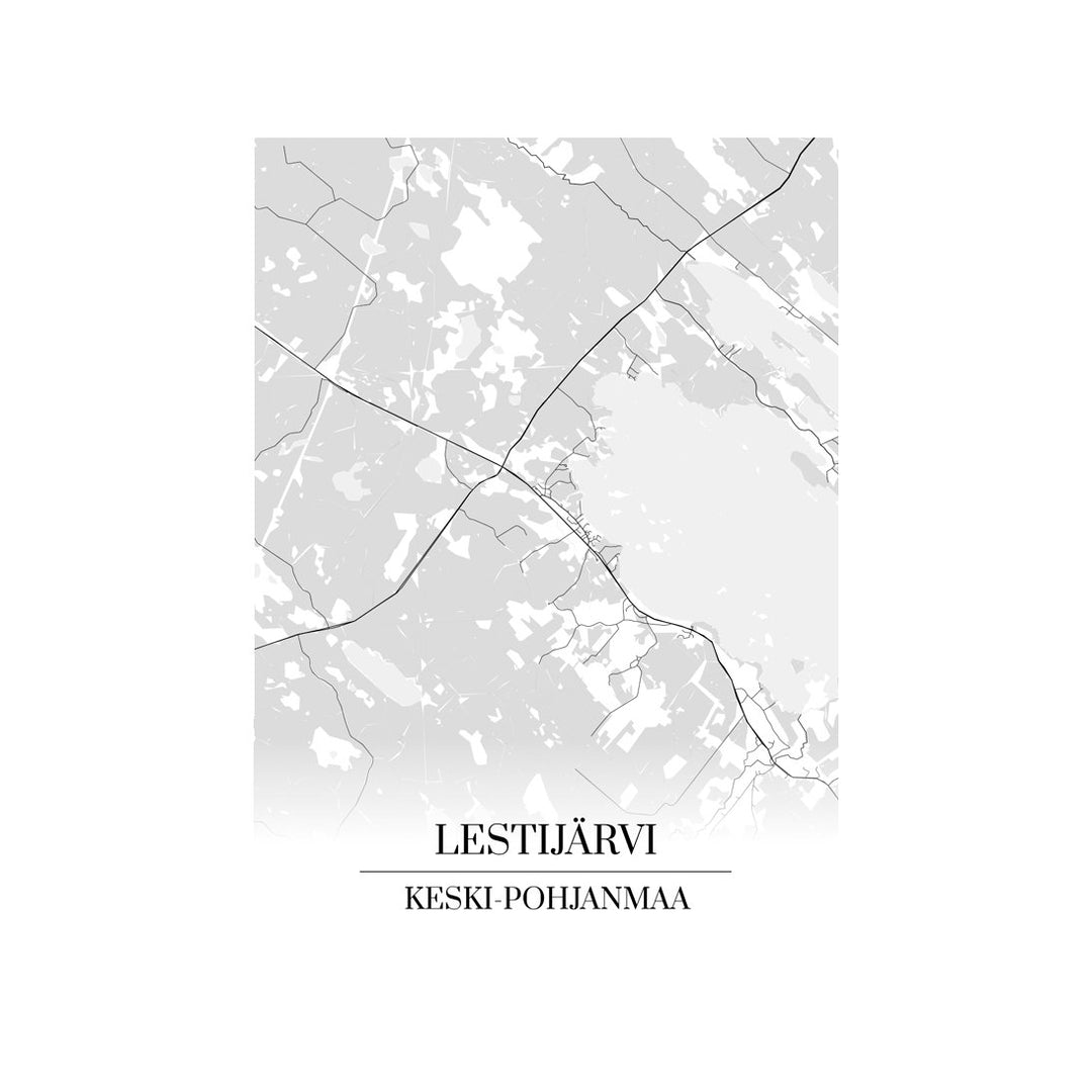 Lestijärvi-karttataulu: mustavalkoinen katukartta kaupungin katuverkosta