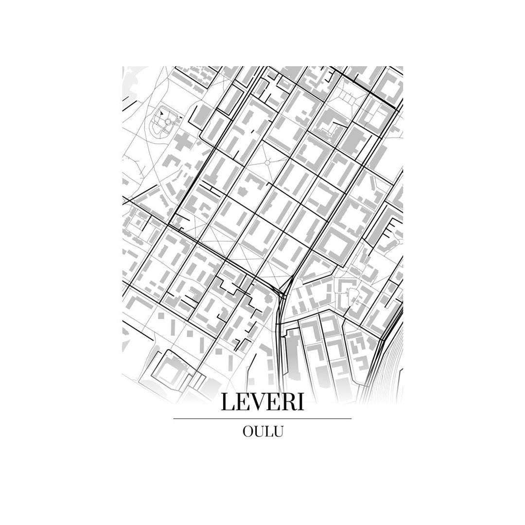 Leveri-karttataulu: mustavalkoinen katukartta kaupungin katuverkosta