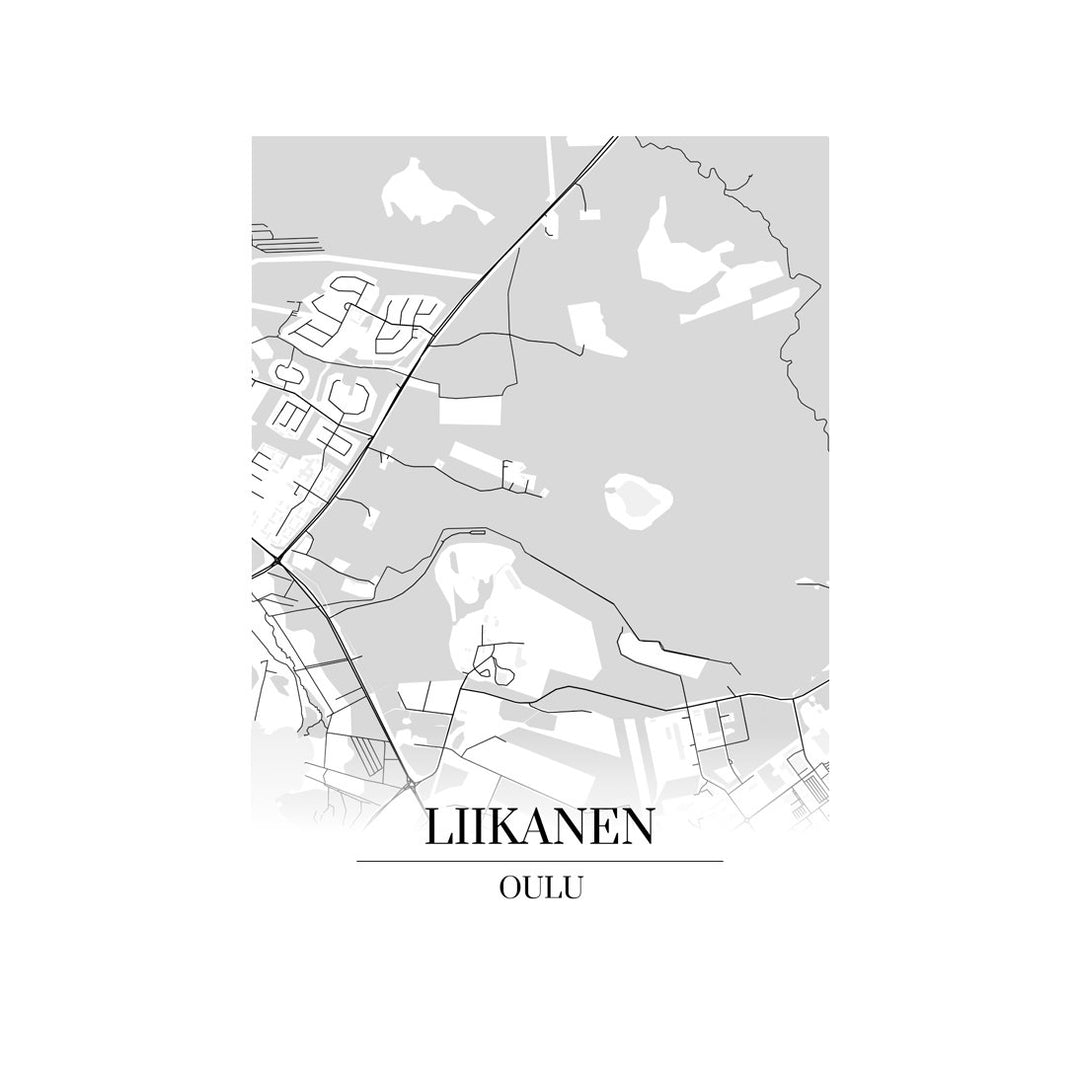 Liikanen-karttataulu: mustavalkoinen katukartta kaupungin katuverkosta