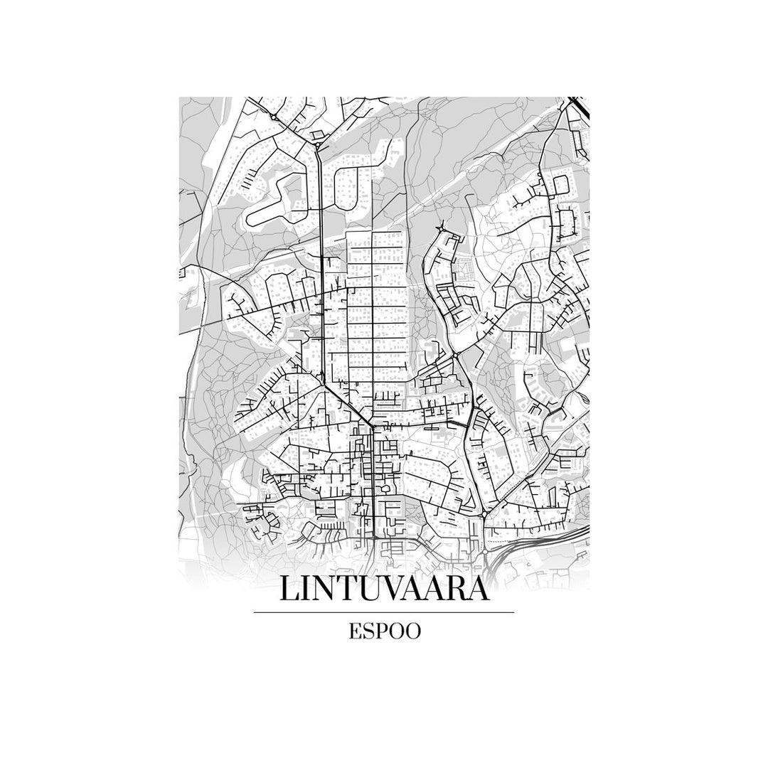 Lintuvaara-karttataulu: mustavalkoinen katukartta kaupungin katuverkosta