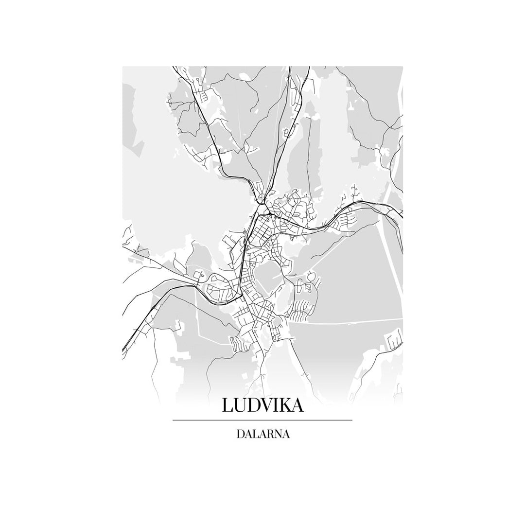 Ludvika-karttataulu: mustavalkoinen katukartta kaupungin katuverkosta