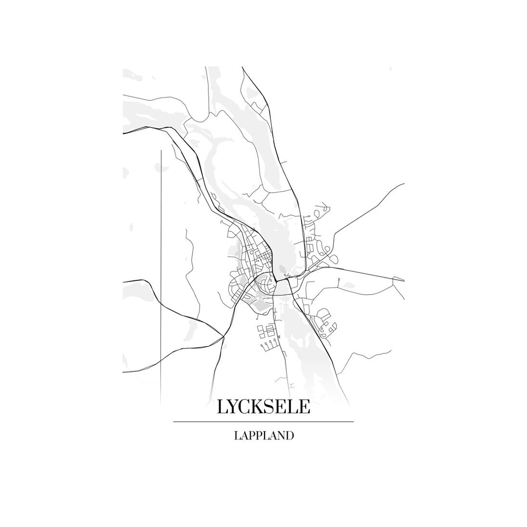 Lycksele-karttataulu: mustavalkoinen katukartta kaupungin katuverkosta