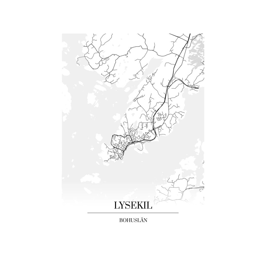 Lysekil-karttataulu: mustavalkoinen katukartta kaupungin katuverkosta