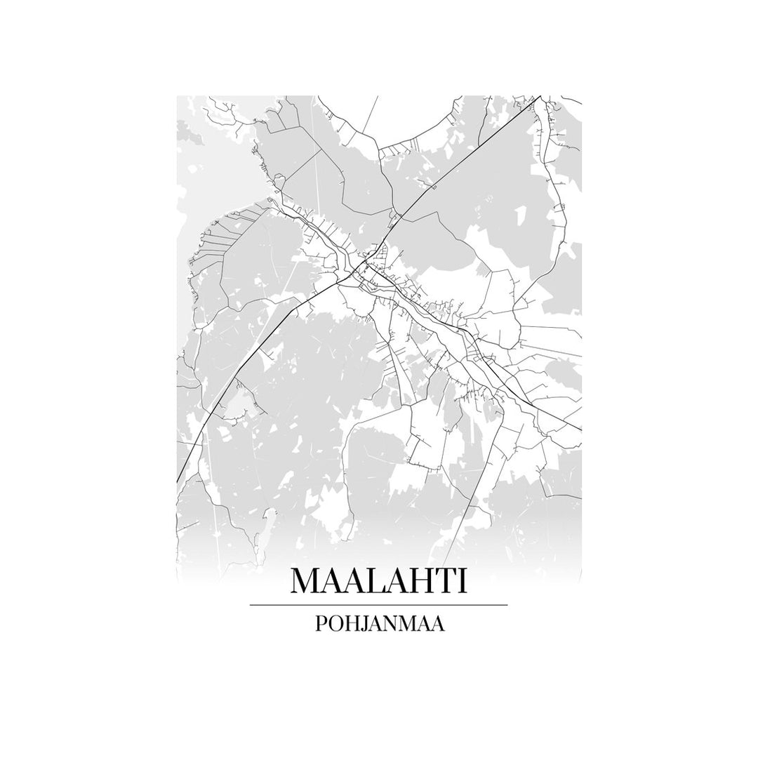 Maalahti-karttataulu: mustavalkoinen katukartta kaupungin katuverkosta