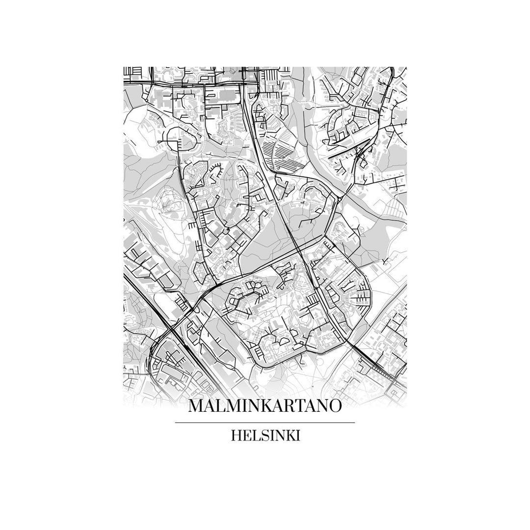 Malminkartano-karttataulu: mustavalkoinen katukartta kaupungin katuverkosta