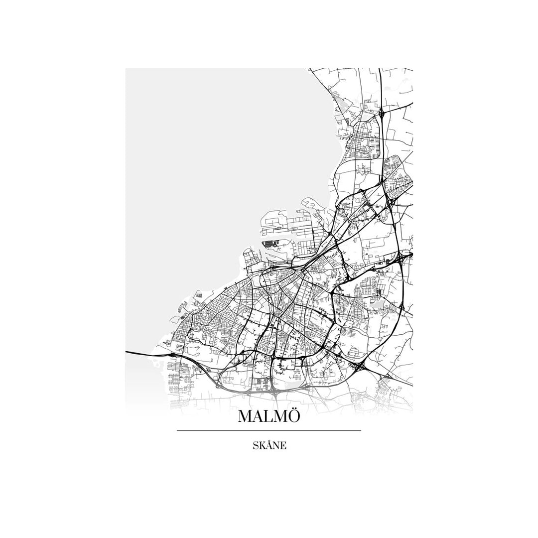 Malmö-karttataulu: mustavalkoinen katukartta kaupungin katuverkosta