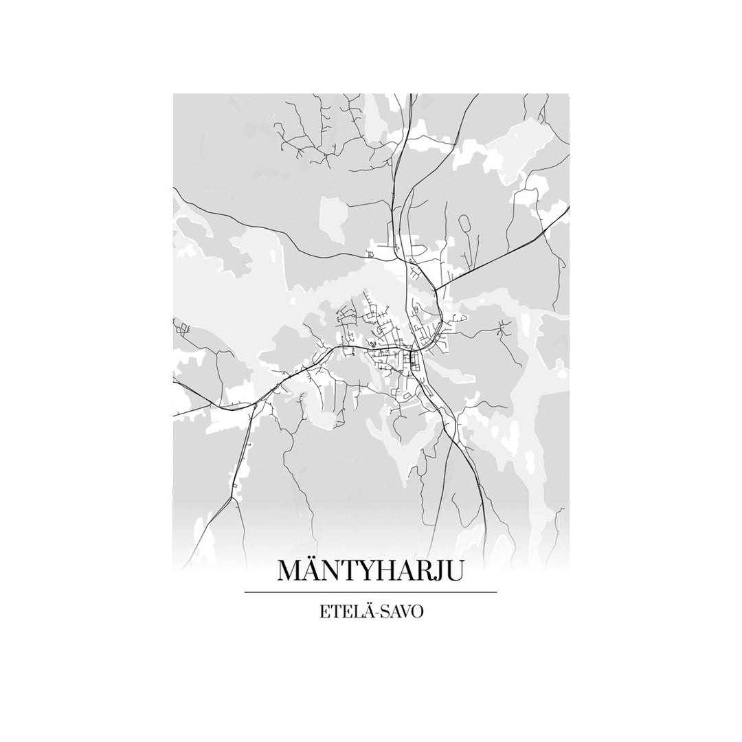 Mäntyharju-karttataulu: mustavalkoinen katukartta kaupungin katuverkosta