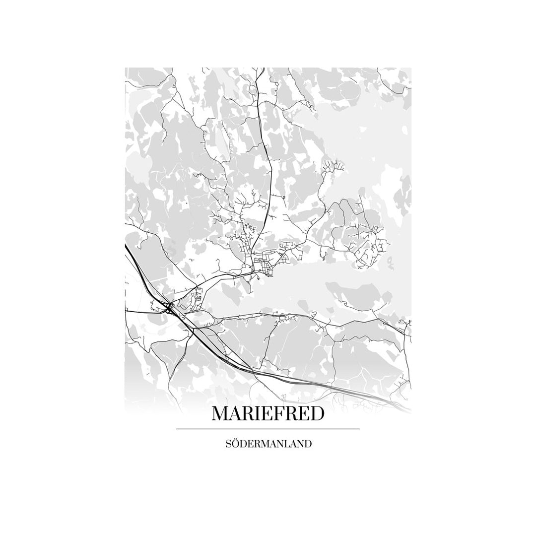 Mariefred-karttataulu: mustavalkoinen katukartta kaupungin katuverkosta