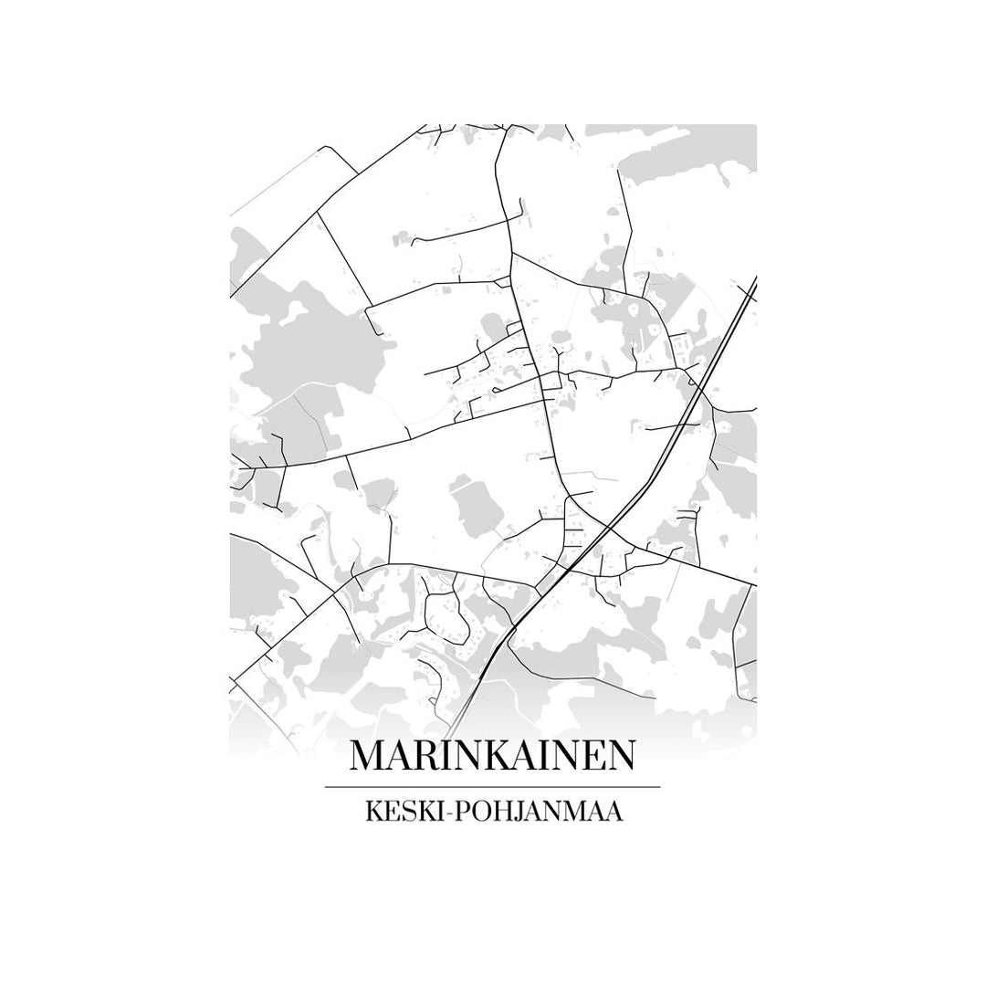 Marinkainen-karttataulu: mustavalkoinen katukartta kaupungin katuverkosta