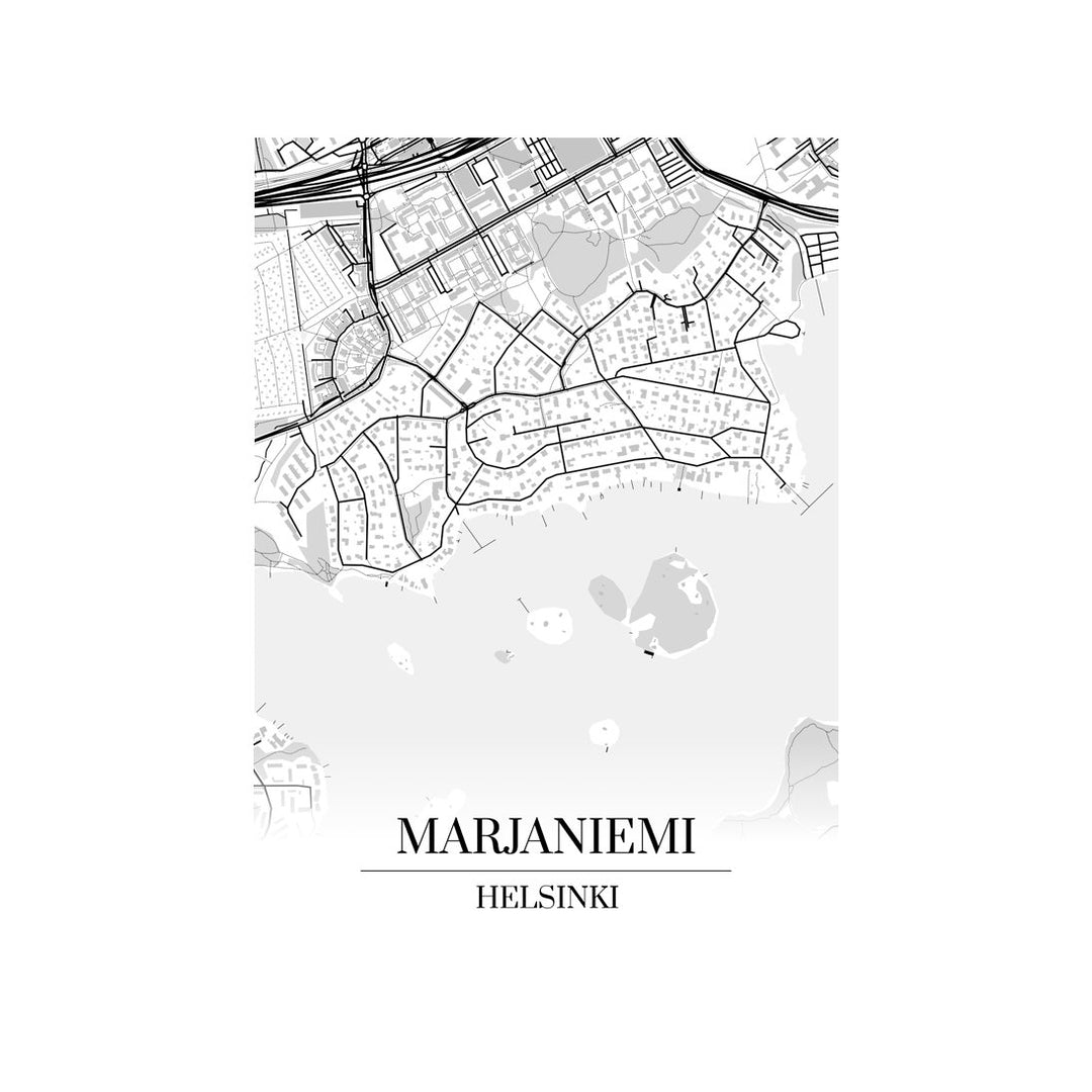 Marjaniemi-karttataulu: mustavalkoinen katukartta kaupungin katuverkosta