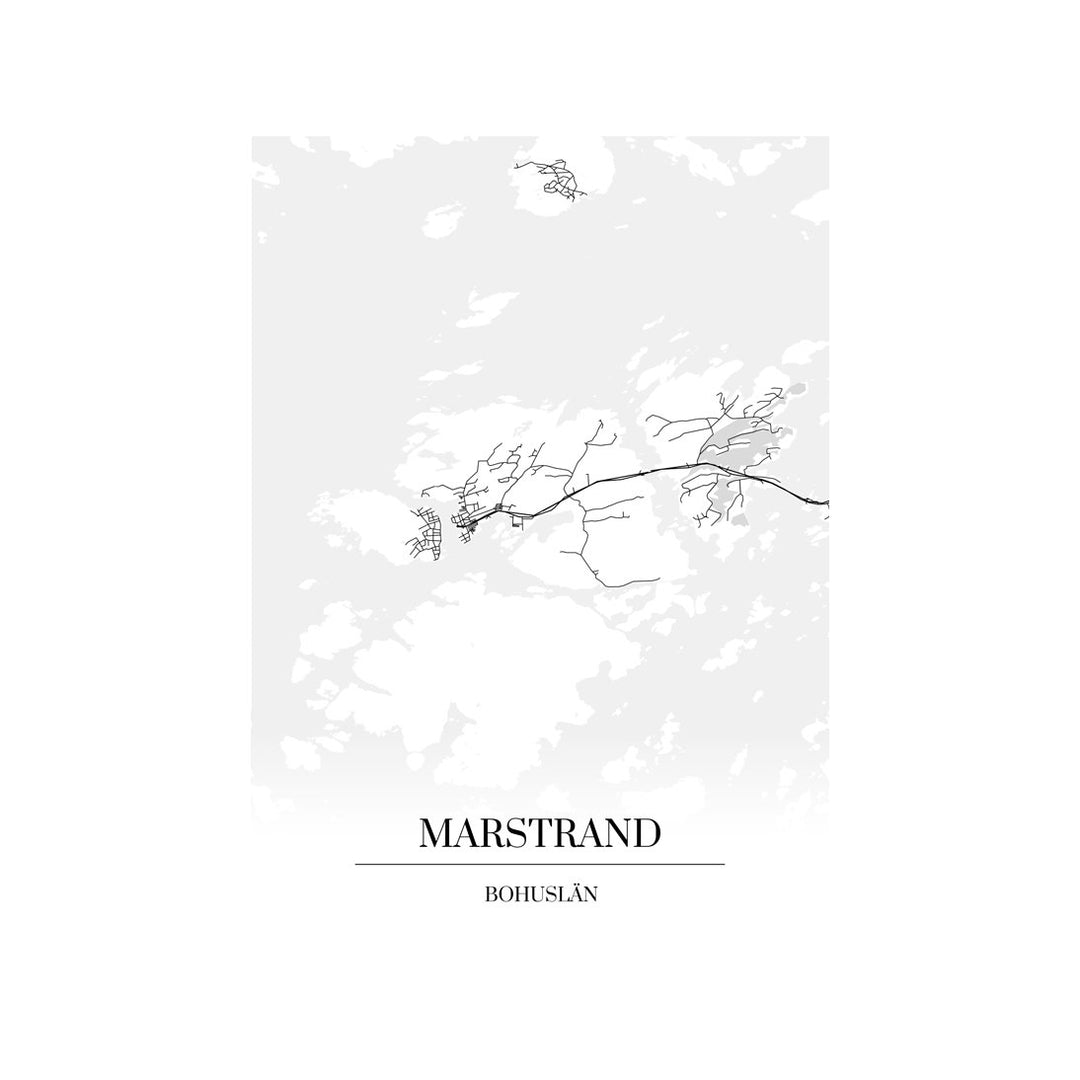 Marstrand-karttataulu: mustavalkoinen katukartta kaupungin katuverkosta